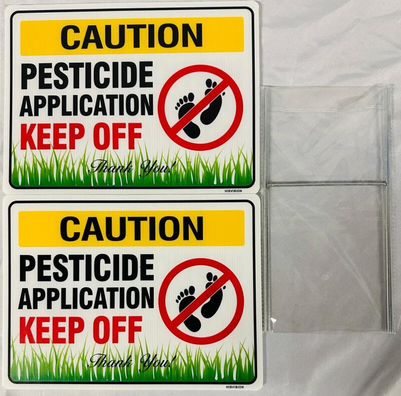 2 New Pesticide Warning Lawn Signs with Metal Pegs (12.5&rdquo; x 9.5&rdquo;)