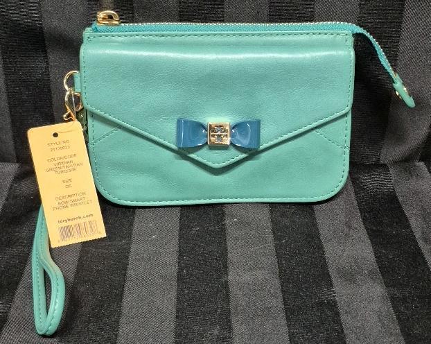 New Tory Burch Women's Green Phone Wristlet Wallet with Bow Accent 6 by 4.5"