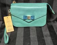 New Tory Burch Women's Green Phone Wristlet Wallet with Bow Accent 6 by 4.5"