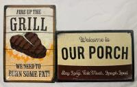 2 Convex Decorative Metal Signs for Outdoors, Includes Fire Up the Grill and Welcome to Our Porch (Both 12&rdquo; x 8&rdquo;)