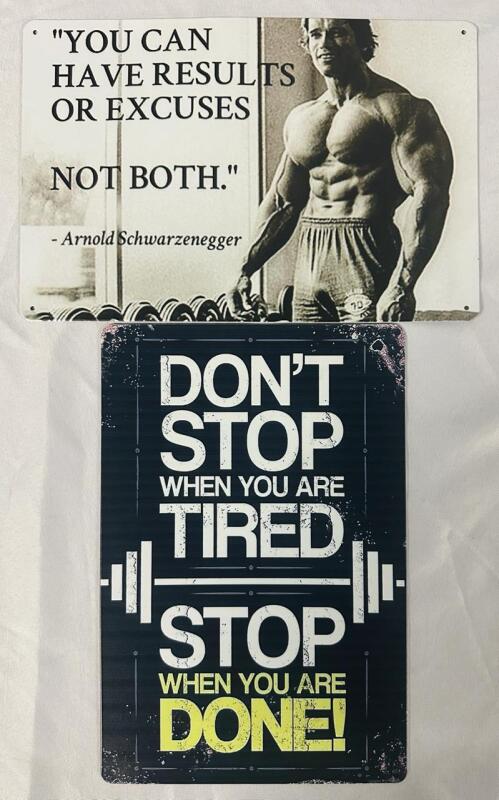 2 Decorative Metal Weightlifting Signs, Includes Arnold Schwarzenegger and Stop When You&rsquo;re Done Signs (Both 12&rdquo; x 8&rdquo;)