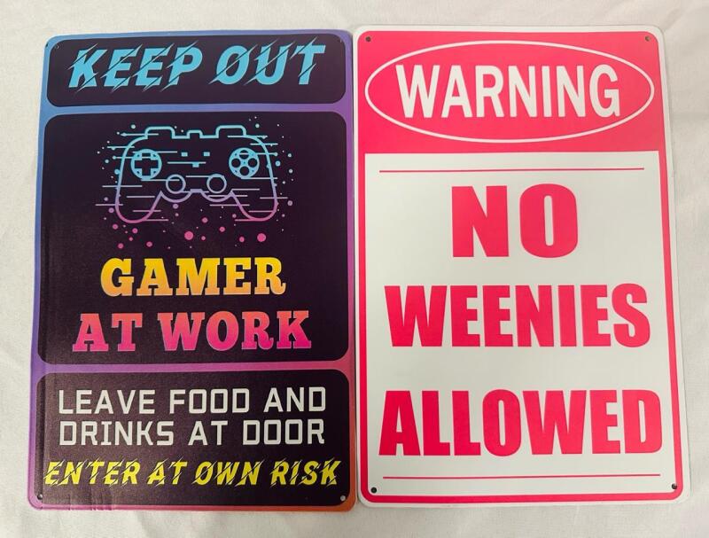 2 Decorative Metal Signs for Kids&rsquo; Bedrooms - Includes Gamer at Work and No Weenies Allowed Signs (Both 12&rdquo; x 8&rdquo;)