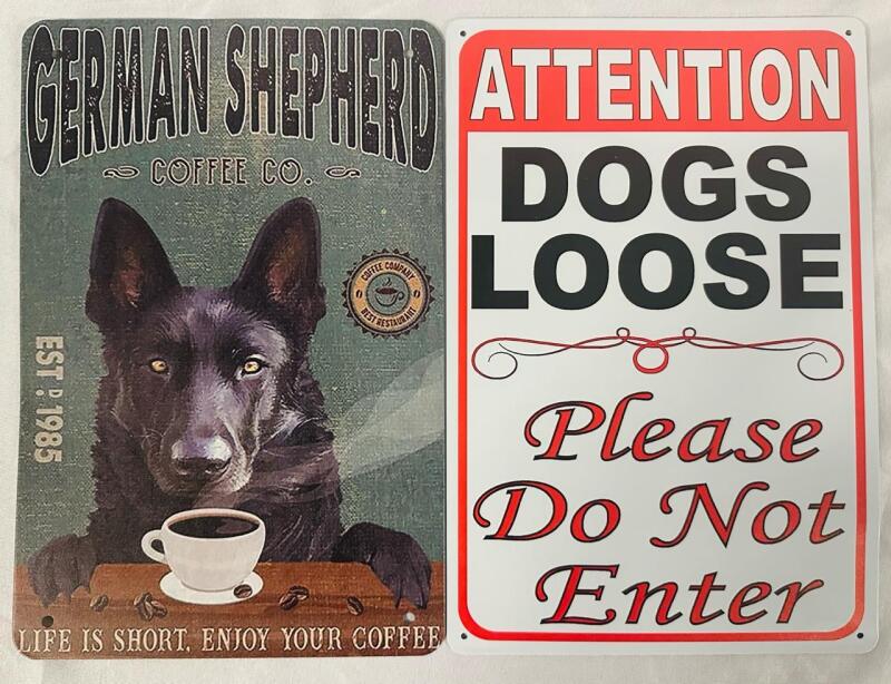2 Decorative Metal Dog Signs, Includes German Shepherd Coffee and Dogs Loose Do Not Enter Signs (Both 12&rdquo; x 8&rdquo;)