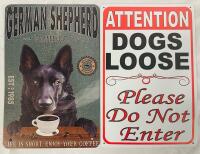 2 Decorative Metal Dog Signs, Includes German Shepherd Coffee and Dogs Loose Do Not Enter Signs (Both 12&rdquo; x 8&rdquo;)