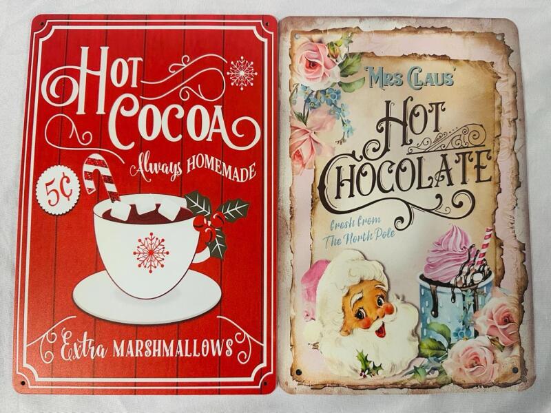 2 Decorative Metal Winter/Christmas Signs, Includes Hot Cocoa and Mrs. Claus Hot Chocolate Signs (Both 12&rdquo; x 8&rdquo;)