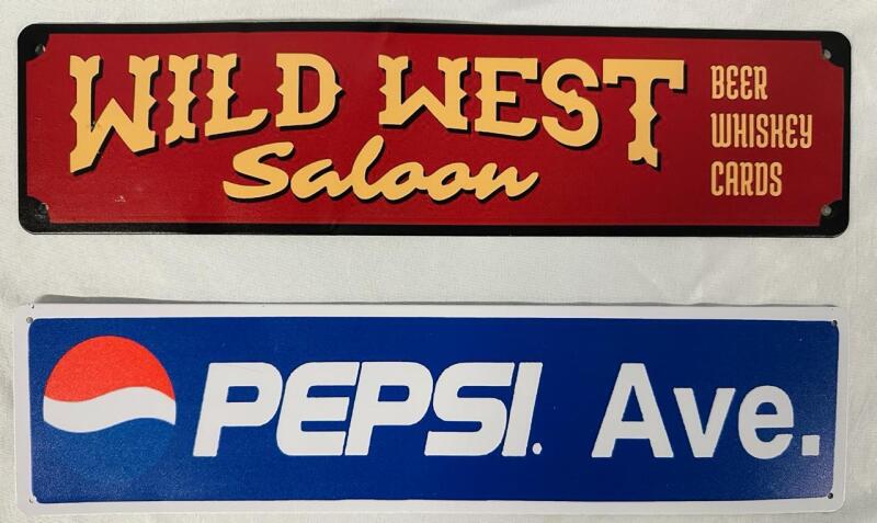 2 Decorative Metal Bar Signs, Includes Pepsi Ave (16&rdquo; x 4&rdquo;) and Wild West Saloon (16&rdquo; x 4&rdquo;)