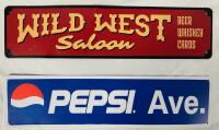 2 Decorative Metal Bar Signs, Includes Pepsi Ave (16&rdquo; x 4&rdquo;) and Wild West Saloon (16&rdquo; x 4&rdquo;)