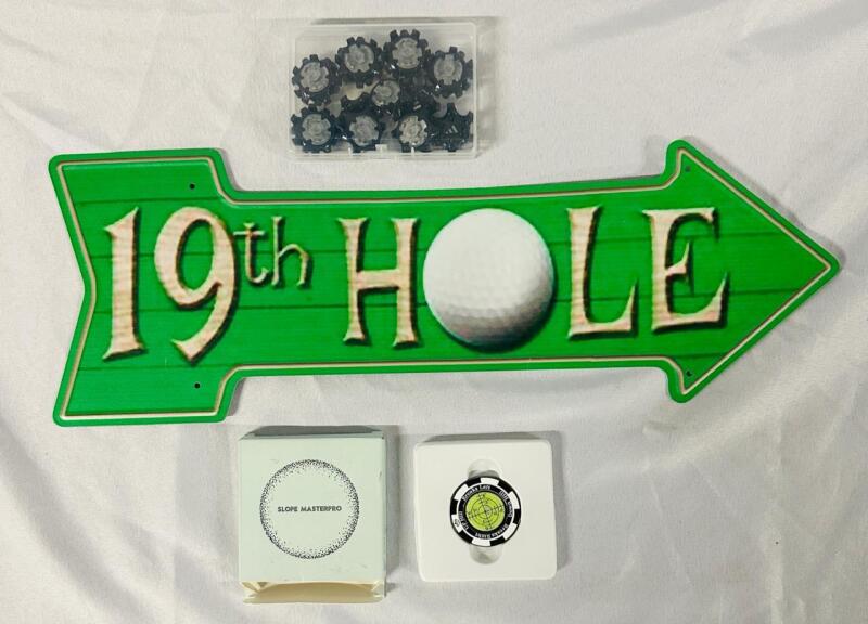 3 Golfing-Related Accessories, Includes 19th Hole Metal Sign (17.5&rdquo; x 6&rdquo;), 11 Replacement Cleats, and Slopemaster Pro
