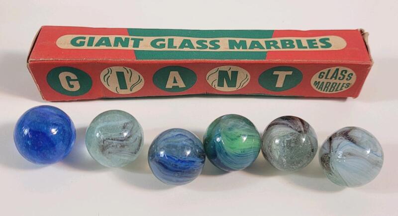 Vintage IMC Ltd. No.80 Giant Glass Mable Box w/6 Glass Marbles . Made in England