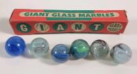 Vintage IMC Ltd. No.80 Giant Glass Mable Box w/6 Glass Marbles . Made in England