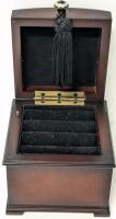 Vintage BOMBAY Mahogany Musical Velvet-Lined Ring Box, 4" Tall, Music Box Plays Well. Small Marks On Side