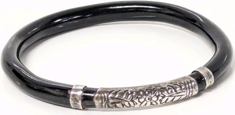 Vintage Etched Sterling Silver & Black Coral Bangle Bracelet, 2.5" Inner Diameter, No Stamps, Polishes Beautifully With Silver Cloth