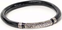 Vintage Etched Sterling Silver & Black Coral Bangle Bracelet, 2.5" Inner Diameter, No Stamps, Polishes Beautifully With Silver Cloth