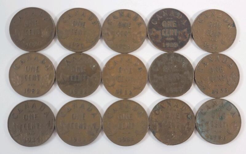 1920 - 1936 Canadian King George V Small One Cent Pennies . 1920 &times;2 , 1928 , 1929 &times;2 , 1932 &times;3 , 1933 &times;2 , 1934 , 1935 &times;2 & 1936 &times;2 . Fifteen (15) Coins