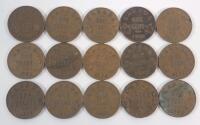 1920 - 1936 Canadian King George V Small One Cent Pennies . 1920 &times;2 , 1928 , 1929 &times;2 , 1932 &times;3 , 1933 &times;2 , 1934 , 1935 &times;2 & 1936 &times;2 . Fifteen (15) Coins