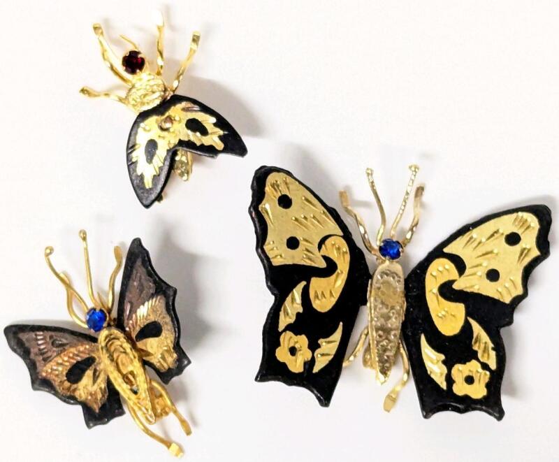3 Vintage Damascene Flying Insect Brooches. Up To 1.5" Across