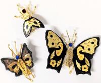 3 Vintage Damascene Flying Insect Brooches. Up To 1.5" Across