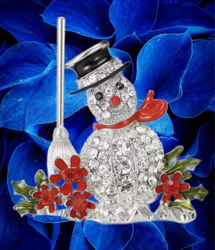Cheerful Lovely Rhinestone Snowman Brooch Black Enamel Top Hat Textured Broom Enamel Petals with Red Rhinestones approximately 2&rsquo;&rsquo;