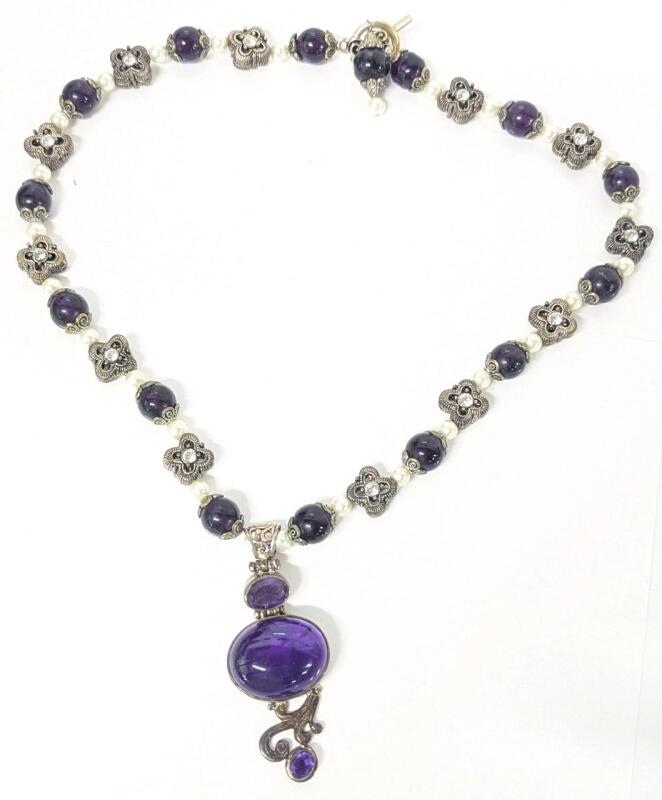 Vintage Beaded Necklace With 2.8" Long Hinged Focal Pendant With Bezel-Set Presumed Amethyst Stones, Necklace 22" Long