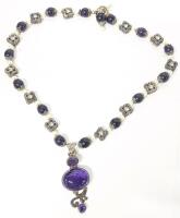 Vintage Beaded Necklace With 2.8" Long Hinged Focal Pendant With Bezel-Set Presumed Amethyst Stones, Necklace 22" Long