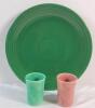 Fiestaware Green Plater & Two (2) Cups . No chips or cracks to plater . Both cups have chip on bottom edge . Plater measures 12" diameter