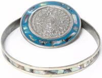 Vintage Alpaca Silver Mexico 1.75" D Brooch Pendant & 0.3" Wide 2.5" Diameter Mexico Bangle, Both With Inlaid Abalone