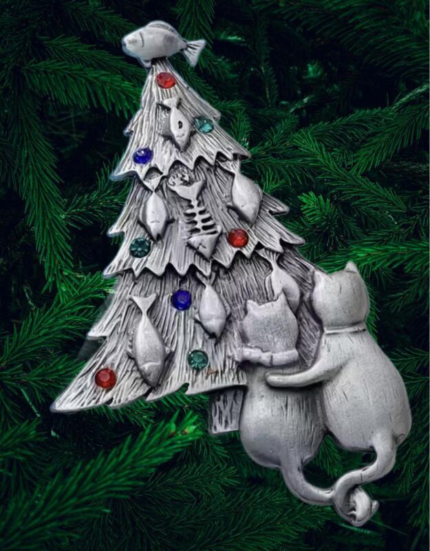 Lovely Brooch Two Cats Hugging While gazing at Fish Decorated Tree with Rhinestones 2.75&rsquo;&rsquo; Back bale for Pendant as well