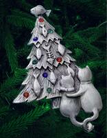 Lovely Brooch Two Cats Hugging While gazing at Fish Decorated Tree with Rhinestones 2.75&rsquo;&rsquo; Back bale for Pendant as well