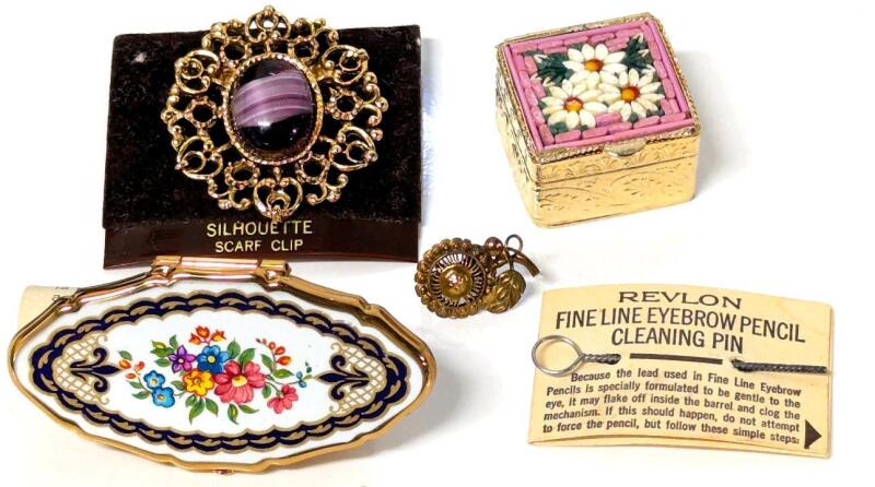 Vintage STRATON Lipview Lipstick Cover, Silhouette Scarf Clip, Micro Mosaic Mini Pill Box, Revlon Fine Line Eyebrow Pencil Cleaning Pin & Small Hinge-Back Floral Pin (?), Up To 2.5" Long