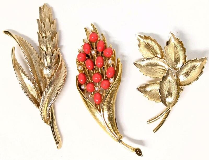 3 Vintage Brooches : Whea, Sheaf With Faux Mini Pearls & Coral-Colored Stones & Leaves, Up To 2.8" Long