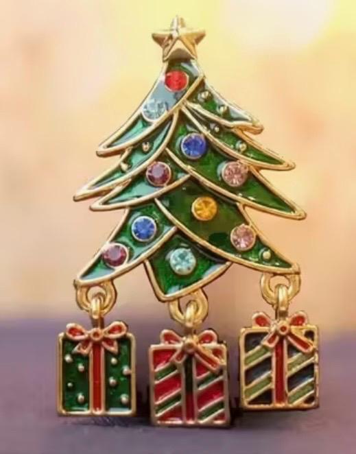 Vintage Inspired Christmas Tree Brooch Present Articulated Dangles Rhinestone Enamel Approximately 1.9&rsquo;&rsquo;