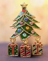 Vintage Inspired Christmas Tree Brooch Present Articulated Dangles Rhinestone Enamel Approximately 1.9&rsquo;&rsquo;