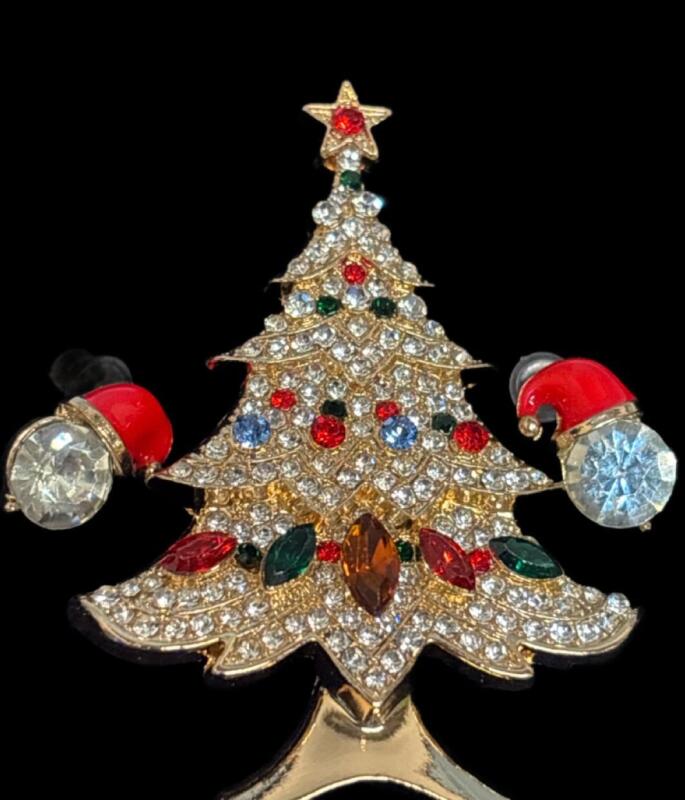 Sparkling Vintage Inspired Christmas Tree Brooch Enamel Santa Hat Stud Earrings with Faceted Rhinestone Tree 2&rsquo;&rsquo; Earrings.5&rsquo;&rsquo;