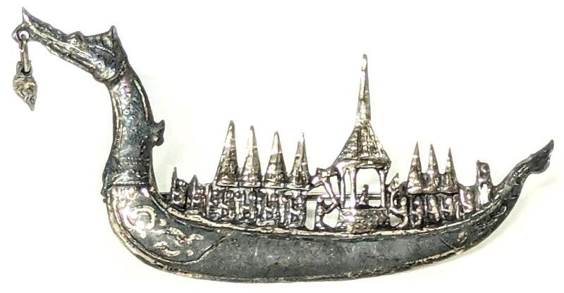 Vintage SIAM STERLING Silver Dragon Gondola Sailors Boat Brooch, 2.25" Across