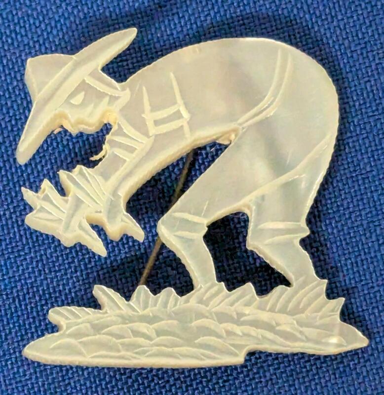 Vintage Carved Mother of Pearl Brooch Chinese Farmer, 1.25" Long