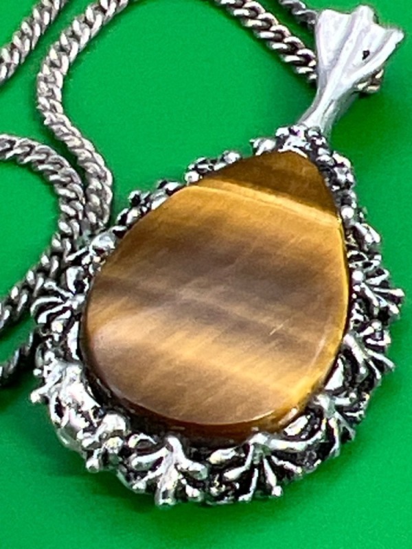 Brutalist Tiger eye Reversible Peacock Pendant Sterling Chain