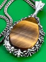 Brutalist Tiger eye Reversible Peacock Pendant Sterling Chain