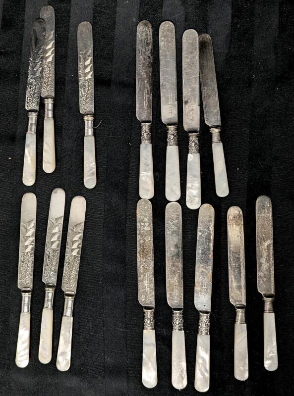 6&times; Antique Silver Plated Levesley Brothers of Sheffield Knives Stamped [L B Cross S Crown], 3&times; EPNS ABBEY Knives, 6&times; 1847 ROGERS Bros Knives With STERLING Mounts