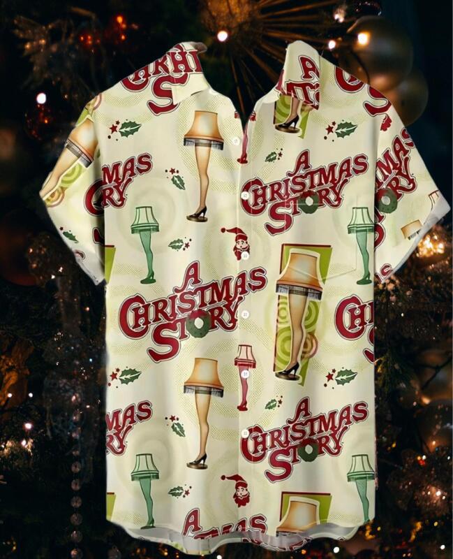 Fabulous New Men&rsquo;s Size XL Vintage 80s Christmas Movie Shirt - A Christmas Story Retro Leg Lamp Button-Front Collar Shirt with Pocket, Machine Washable Loose Fit Short Sleeve 100% Polyester Stock photos added