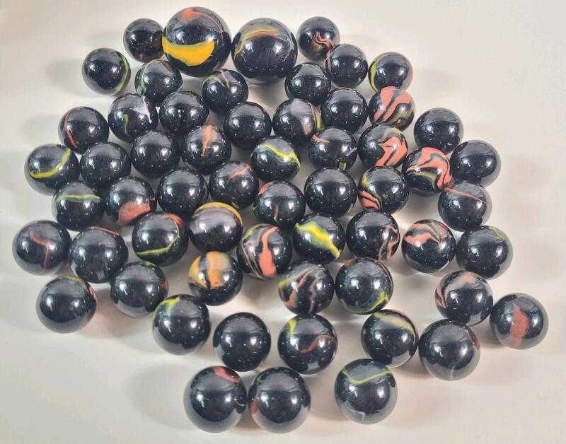 Vintage Vacor Twister Black Glass Marbles w/Yellow & Orange Swirls . 59 Marbles
