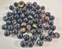 Vintage Vacor Twister Black Glass Marbles w/Yellow & Orange Swirls . 59 Marbles