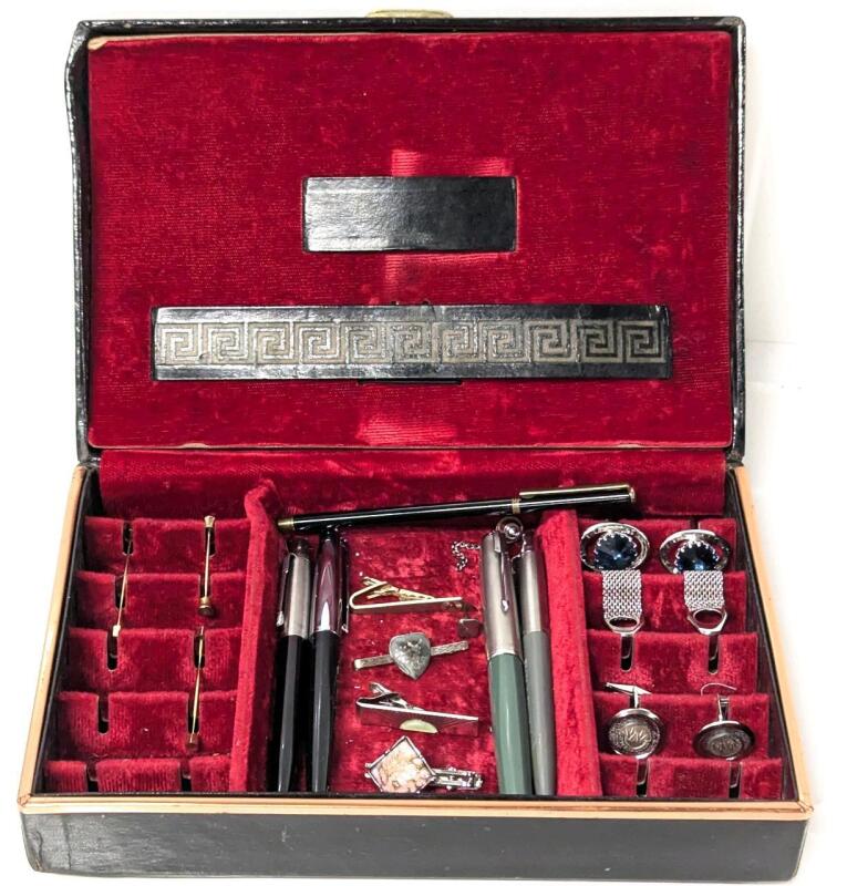 Vintage Men's Jewelry: Tie Clips Incl Siam Thailand Silver, Cufflinks Incl Stamped STERLING AMCO "Cibus Ad Omnes", Bar Pins, Pens (Parker, Flair) in Jewelry Box 9.15" &times; 6" &times; 2.5"
