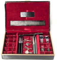 Vintage Men's Jewelry: Tie Clips Incl Siam Thailand Silver, Cufflinks Incl Stamped STERLING AMCO "Cibus Ad Omnes", Bar Pins, Pens (Parker, Flair) in Jewelry Box 9.15" &times; 6" &times; 2.5"