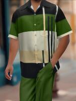 New Men&rsquo;s Size 2XL Casual Button-Up Shirt with Pockets - Stylish Striped Print Short Sleeve Lapel Collar Top, Green and Black, Lightweight 95% Polyester 5% Spandex Machine Washable Stock photos added