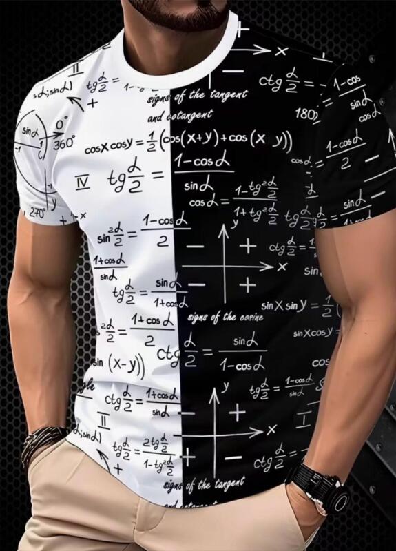 New Men&rsquo;s Size XL 3D Math T-Shirt Short Sleeve T-Shirt Crew Neck, Regular Fit, Black and White Mathematical Formulas Print 100% Polyester Machine Washable Stock photos added