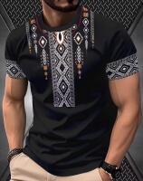 New Men&rsquo;s Size XL - Black with Intricate Tribal-like Beaded & Floral Patterns - Breathable Round Neck S/S Tee - Cultural Statement Shirt 100% Polyester Slight stretch Machine Washable stock photos added