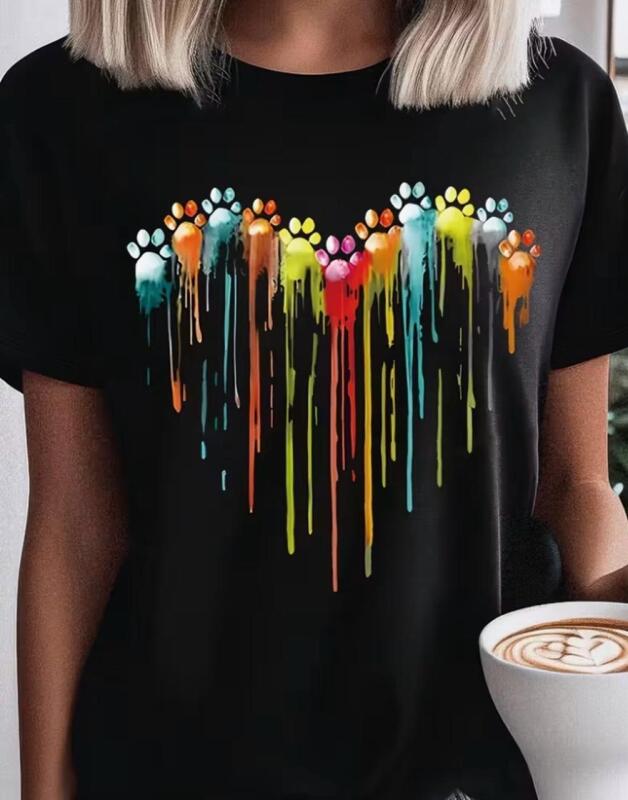 New Women's Size XXL Paw Print Short Sleeve T-Shirt - Black Heart Paw Print Dripping Paint Art Graphic Tee, Round Neck Machine Washable Artistic Casualwear, Playful Design Shirt, Regular Length Shirt 95% polyester 5% Elastane Stock photos added