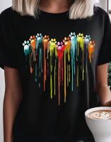 New Women's Size XXL Paw Print Short Sleeve T-Shirt - Black Heart Paw Print Dripping Paint Art Graphic Tee, Round Neck Machine Washable Artistic Casualwear, Playful Design Shirt, Regular Length Shirt 95% polyester 5% Elastane Stock photos added