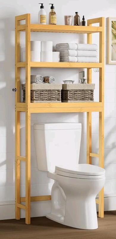 New - Smiry Bamboo Natural Wood Over The Toilet Bathroom Shelf . Retail $180 . Some Assembly Required