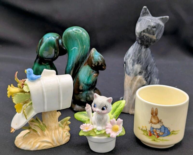 6 Small Collectables: ROYAL DOULTON Bunnykins Egg Cup, Giftcraft Cat Lily Porcelain Figurine, Maruri Masterpiece Bone China Letter Box, Blue Mountain Pottery Dog & Squirrel, Polished Marble Stone Cat Figure 4.5", Marble Cat Chipped Ears, Marker On Bottom
